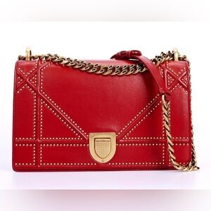 Christian Dior Diorama Flap Red Leather Studded Designer Chain Shoulder Bag